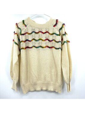 And The Why Cream Shimmer Rainbow Trim Keyhole Sweater Women's M/L